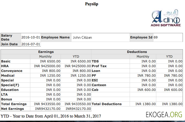 Modèle de fiche de paie de la société INDIA ADHI Software aux formats Word et PDF
